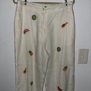 Deane & White Women’s White 100% Linen Pants Fruit Embroidery Pants Sz 12